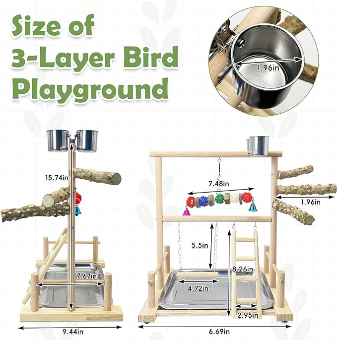 kathson Bird Playground Natural Wood Parrot Play Gym Playstand Wooden Parakeet Playpen with Feeder Cups Perches Removable Tray Bird Cage Accessories for Lovebirds Conure Cockatiel Budgie