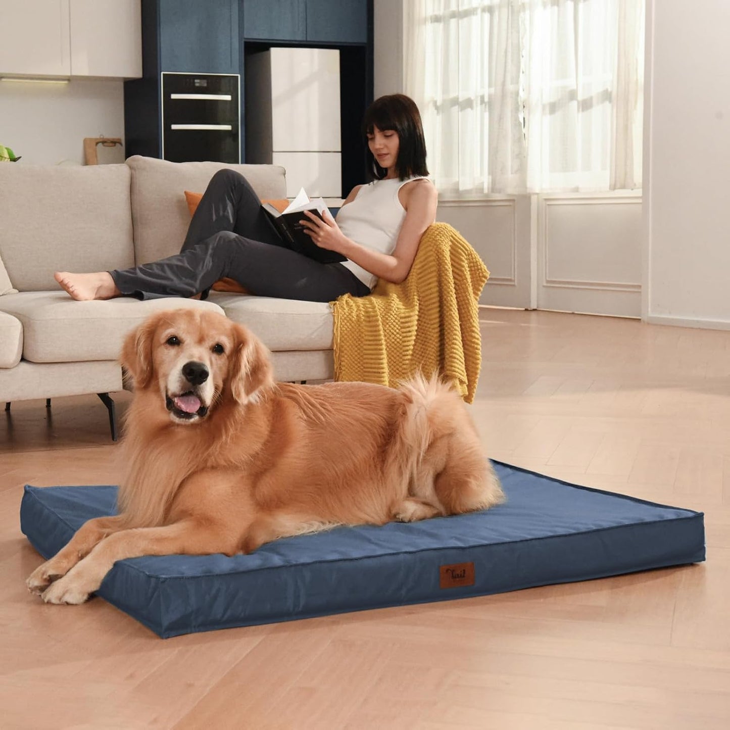 Outdoor Large Dog Bed, Waterproof Dog Bed for Large Dogs, Egg Crate Foam Pet Bed with Removable Washable Oxford Cooling Cover, Navy