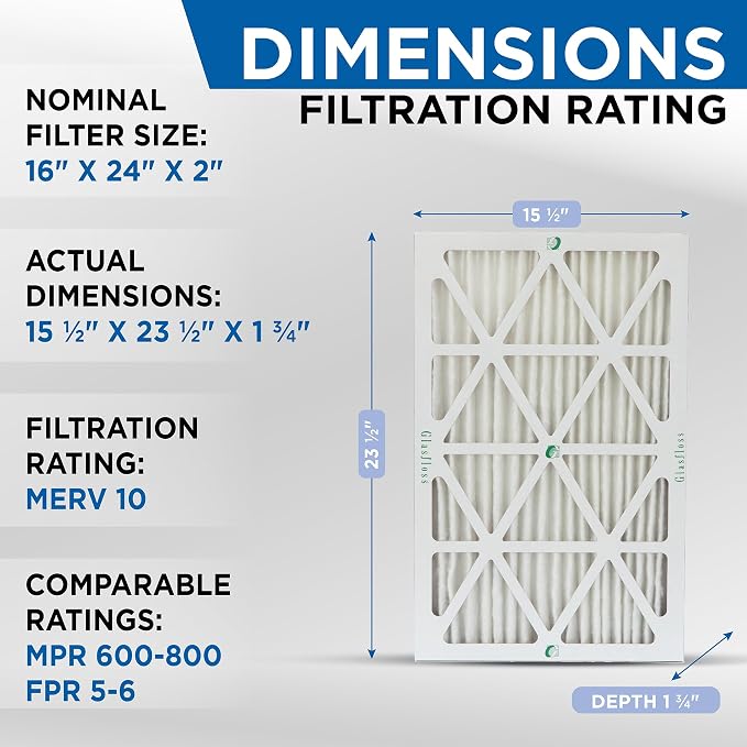 Glasfloss 16x24x2 MERV 10 2" Inch Pleated Air Filters Box of 6. Actual Size: