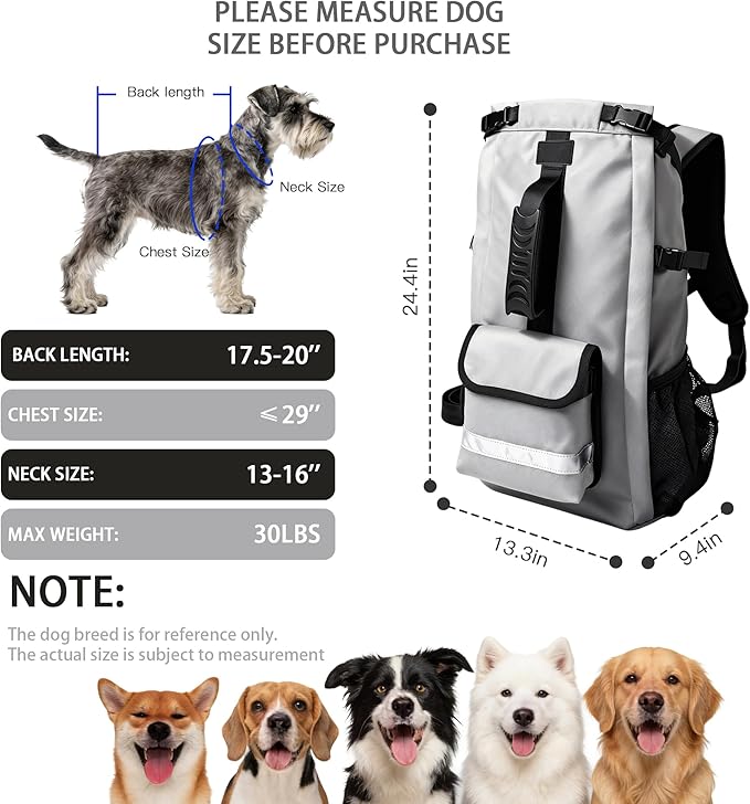 Dog Carrier Backpack for Medium Dogs, Hiking Bag for Pets Up to 30 lbs - 4-Layer Safety Design with Thick Padded Straps, Built-in Leash & Breathable Mesh, Suitable for Hiking, Cycling, and Travel