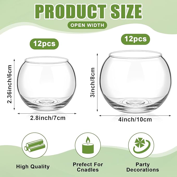Zopeal 24 Pcs Fish Bowl Vase Glass Bubble Bowl Globe Glass Clear Bubble Vase Round Terrarium Goldfish Flower Centerpiece for Wedding Event Arrangement Office Home (2.36"h X 2.76"w and 3.15"h X 3.94"w)