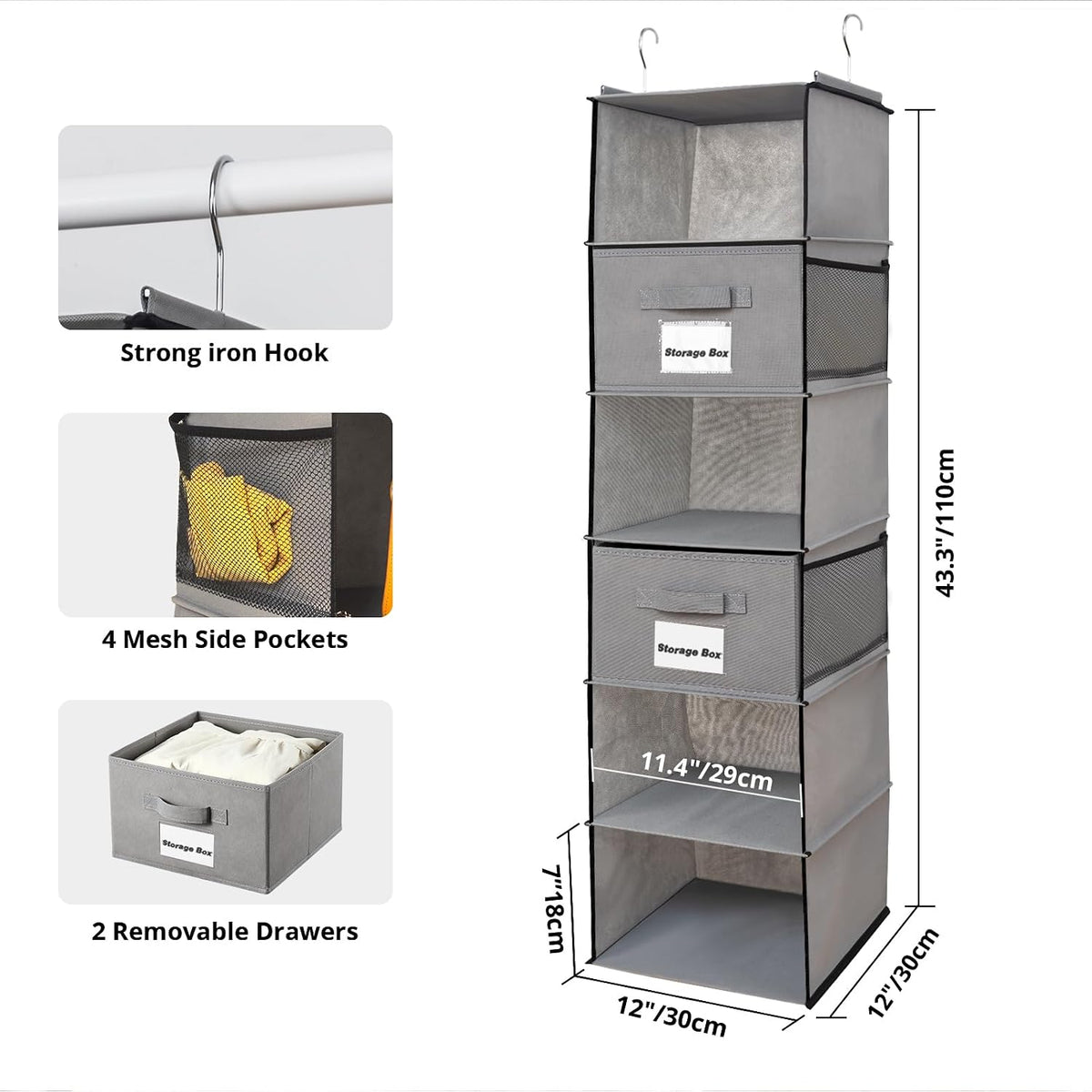 BrilliantJo 2 Pack 6 Shelves Hanging Closet Organizer with 2 Drawer, Hanging Storage with 4 Side Pockets for Clothes Shoes, 43.5"x12"x12"(Gray)