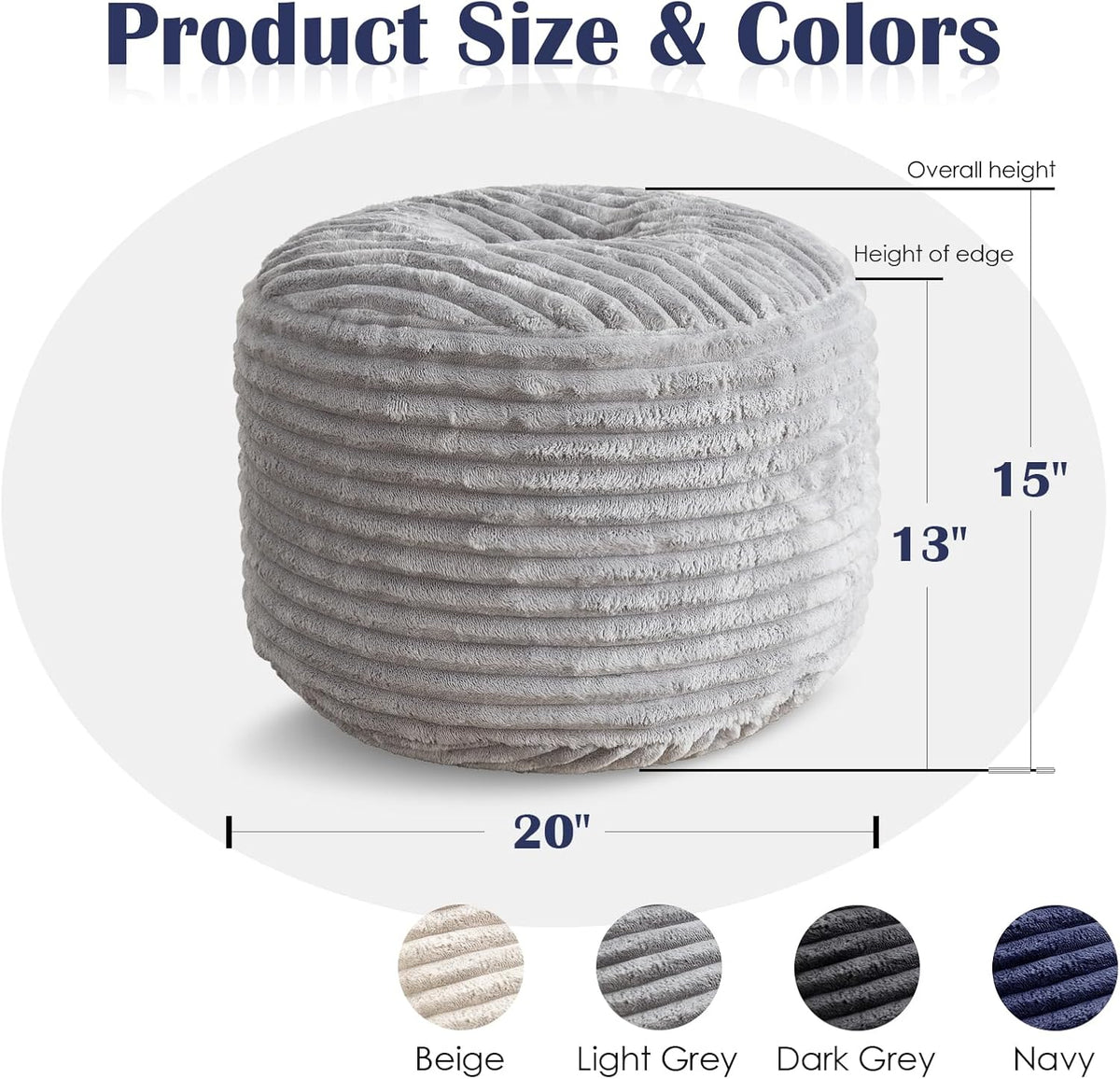 SHOUREN Stuffed Round Ottoman,Pouf Ottoman Foot Rest,20 X 15,Light Grey