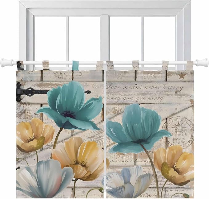 Watercolor Flowers Bedroom Curtains 63 Inch Length, Window Curtains Tab Top