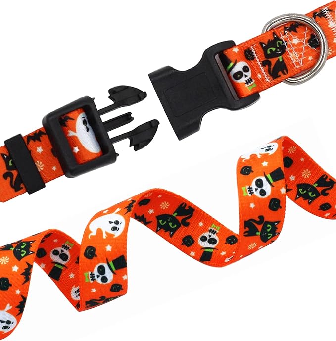 Halloween Dog Collar - Pumpkin Bat Ghost Pattern - Adjustable for Small Medium Large Dogs(Halloween,L)
