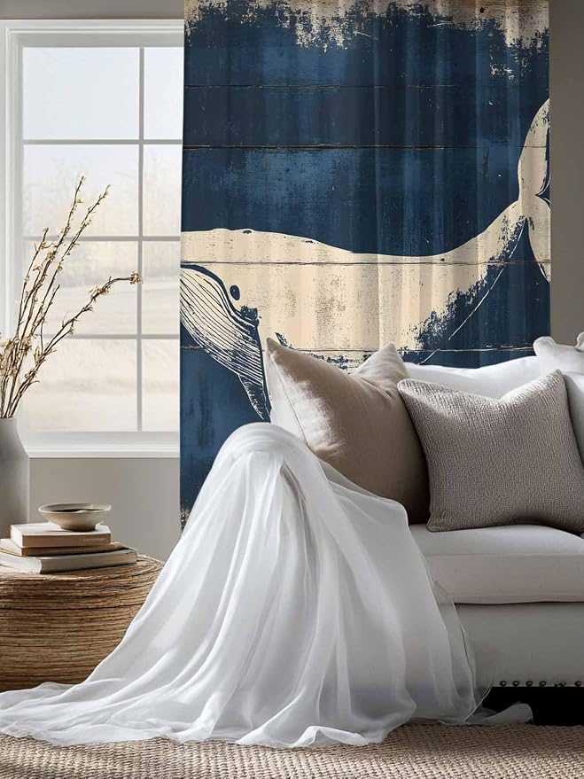 Sheer Curtains 63 Inch Length, Ocean Whale Blue Semi Sheer Curtains Light