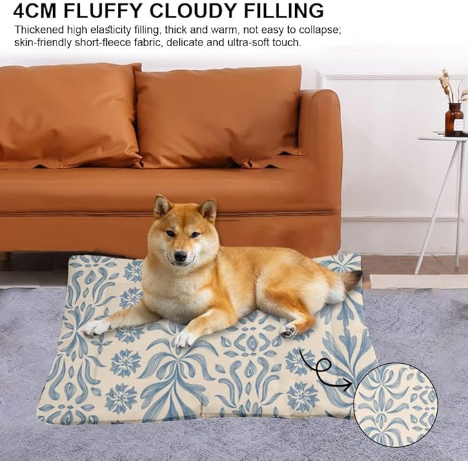 Vintage Blue Floral Dog Beds& Furniture Mat for Dog Crate Pad Small Crate Beds for Small Dogs Washable Non-Slip Bed Bed Puppy Tear-Resistant Mat Washable Pillow Indoor Outdoor 36X24 Inch