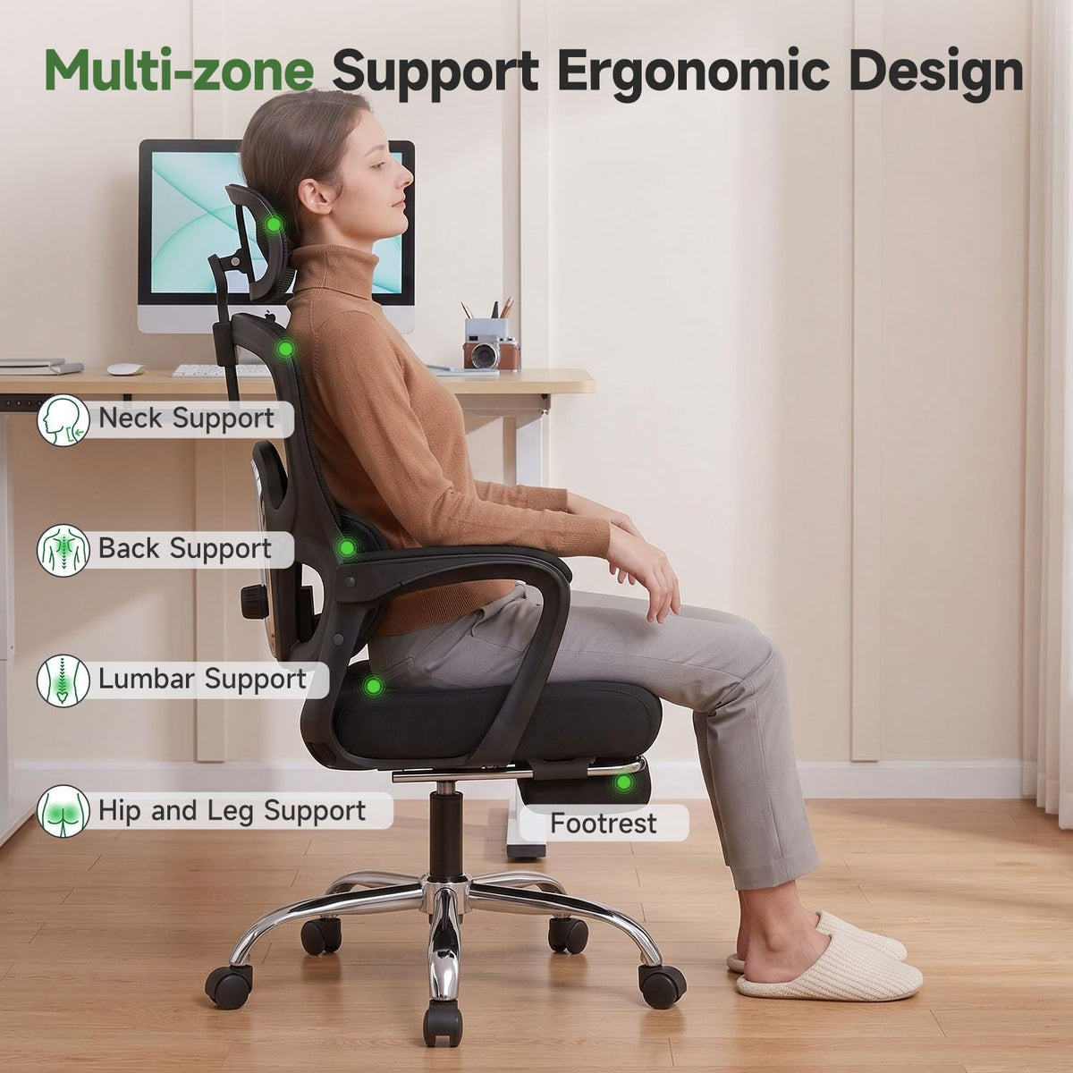 Ergonomic Office Chair with Footrest, 90-145° Reclining Desk Chair
