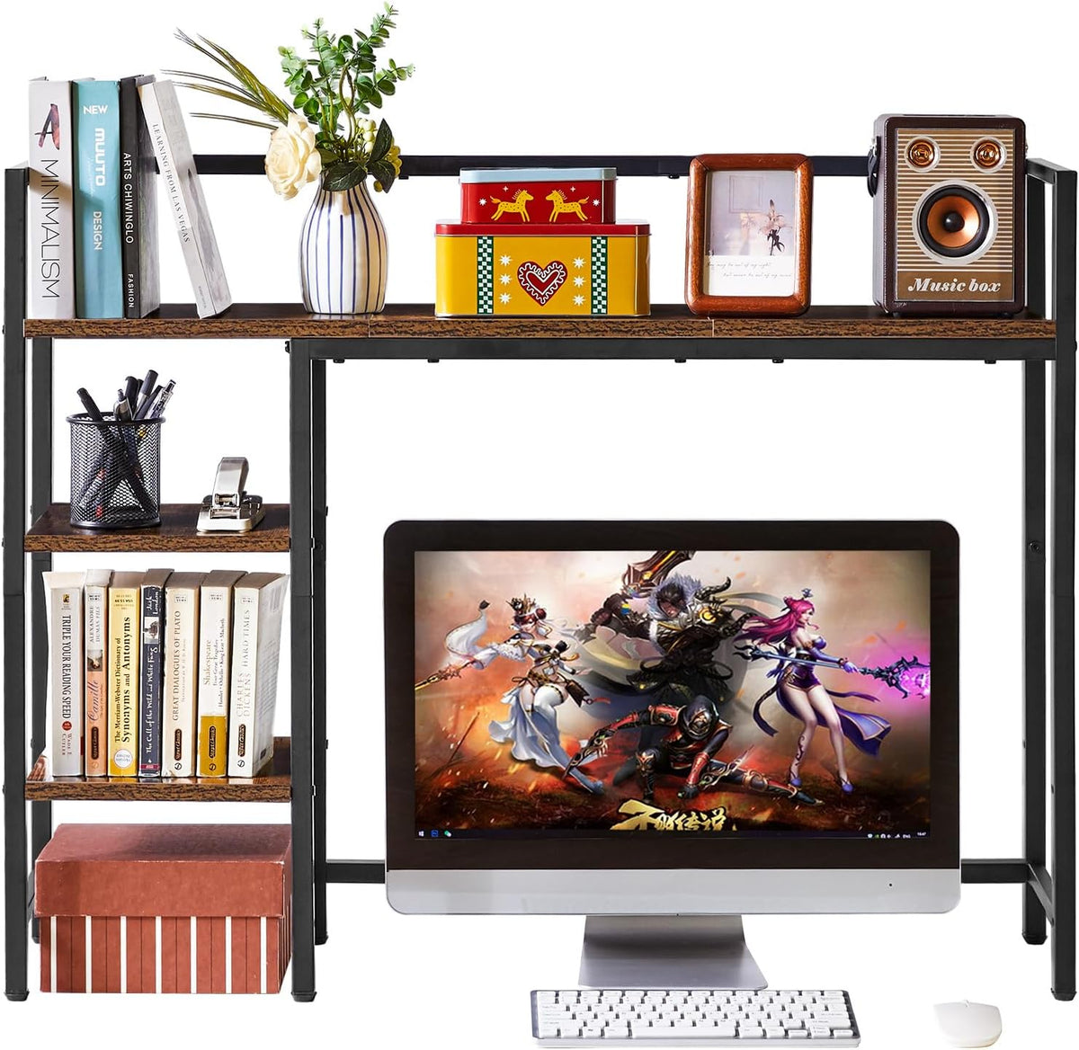 IBUYKE Desk Shelf,Computer Desktop Bookcase,37.8 Inch Multipurpose Wood Desk Hutch Bookshelf for Computer,4 Tier Desk Organizer for Office Home Dormitory,Brown TMZ005H