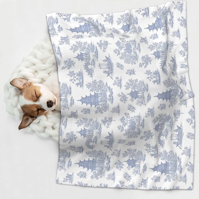 Dog and Cat Blanket in One, Chinese Style Powder Blue Chinoiserie Toile, Double Sided Plush Throw with Raised Dot Pattern on One Side and Flat Velvet on Other for Variety