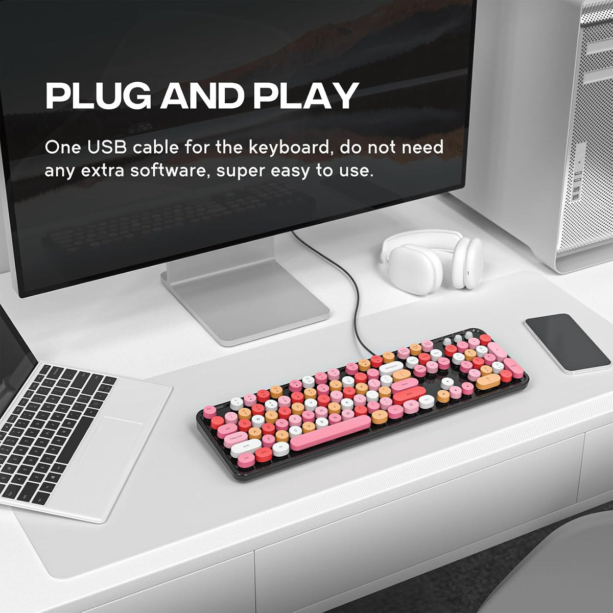MOWUX Computer Keyboard Wired, Plug and Play USB Retro Round Typewriter Keyboard, Full Size Wired Keyboard with Foldable Stands for Laptop and Office PC- Black Colorful