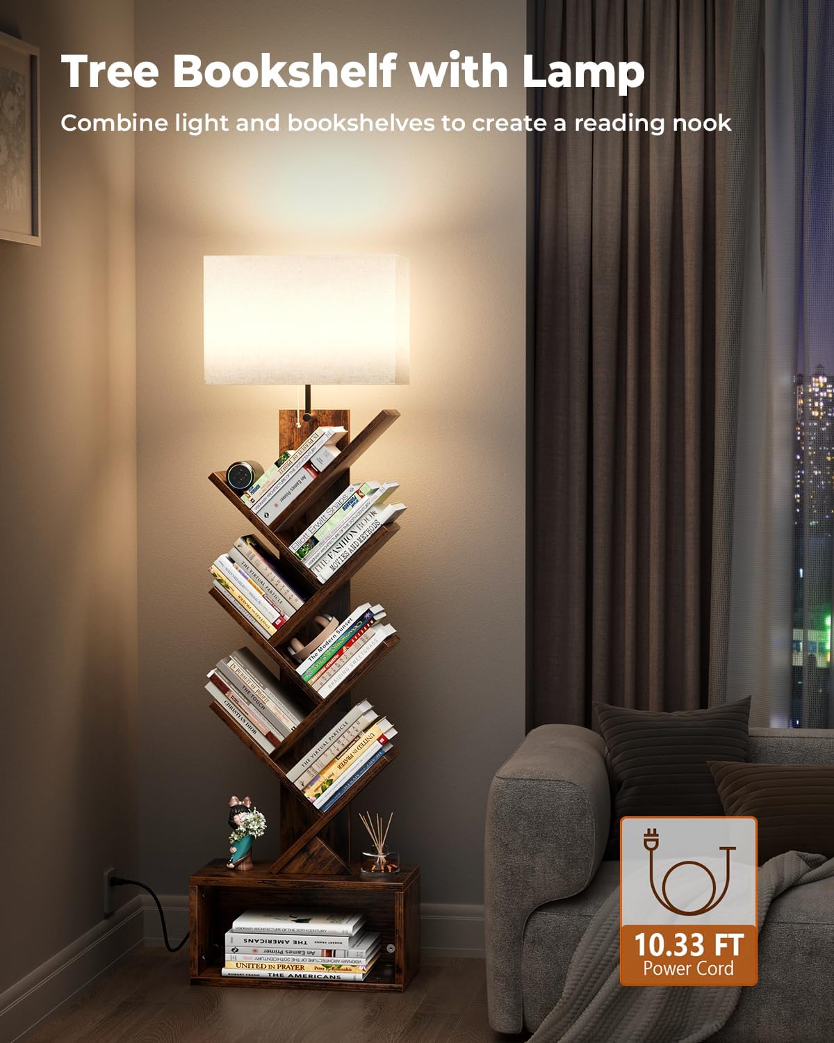Evermagin 6 Tier Tree Bookshelf with Light, Bookcase, Rustic Brown