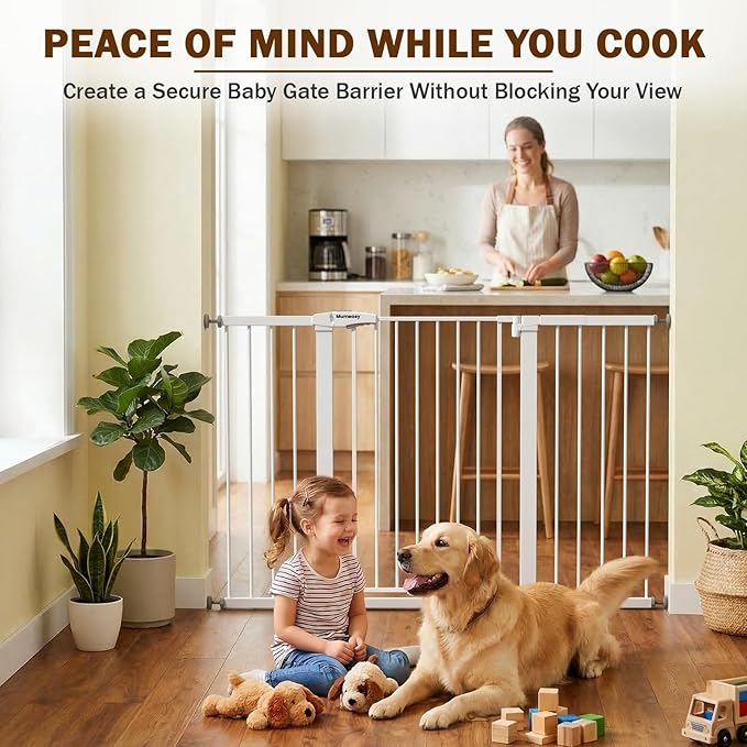 Mumeasy 29.7-57" Extra Wide Baby Gate, Auto Close Large Dog Gate for Doorways, No Drilling Pressure Mounted Pet Safety Gate for Stairs, Easy Walk Through Child Gate for Hallways, House, Indoor, White