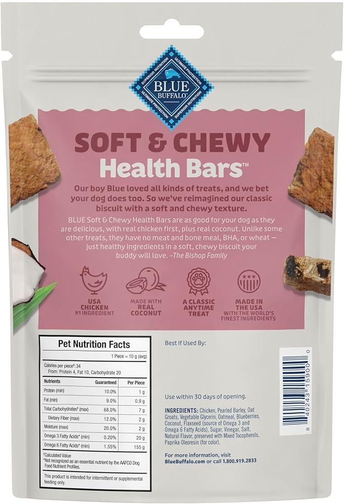 Blue Buffalo Soft & Chewy Health Bars, Baked with Real Chicken & Coconut, Natural Dog Treats Mineral-Enhanced for Flavor, 9 oz. Bag