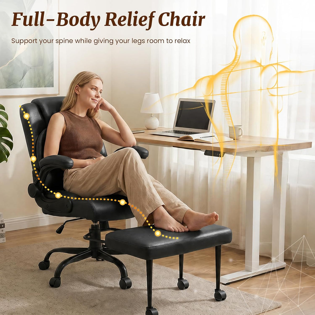 Cross Legged Office Chair with Arms, Wide Criss Cross Chair with Wheels, 360° Rotating Footrest, Height Adjustable Swivel Chair for ADHD, Heavy Duty Ergonomic Office Chair for Home Office Relaxing