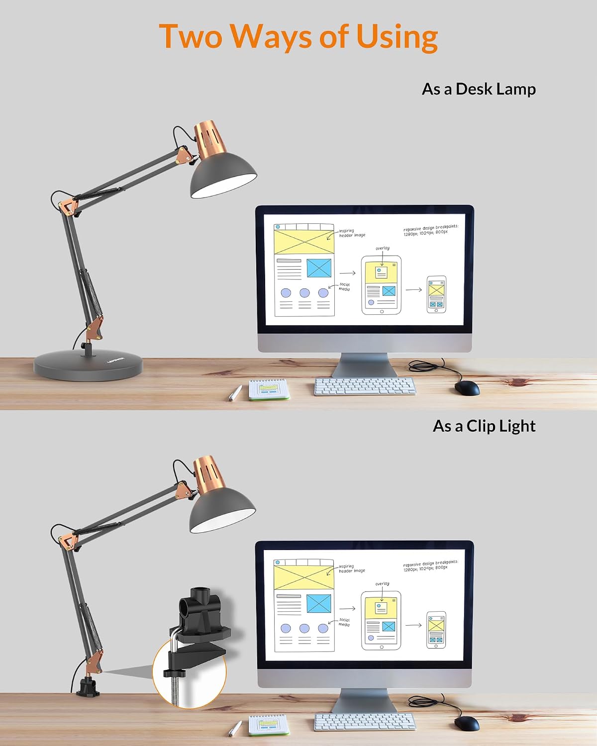 LEPOWER Metal Adjustable Desk Lamp with Clamp, Swing Arm for Home Office