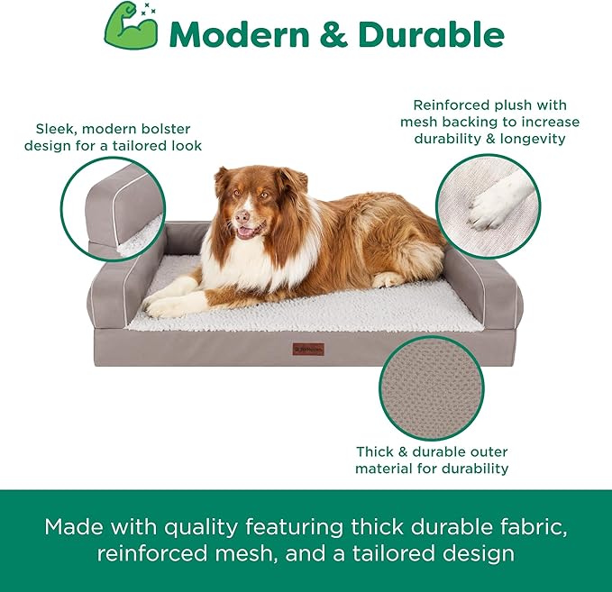 Furhaven Cooling Dog Sofa Bed – Memory Foam Couch with Bolsters, Textured Plush & Water-Resistant Cover, Washable Cover - Greige, Jumbo