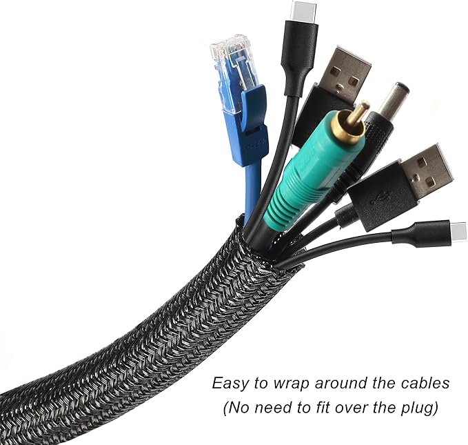 CrocSee 25ft - 1.25 inch Braided Cable Management Sleeve Cord Protector - Self-Wrapping Split Wire Loom for TV/Computer/Home Theater/Engine Bay - Black