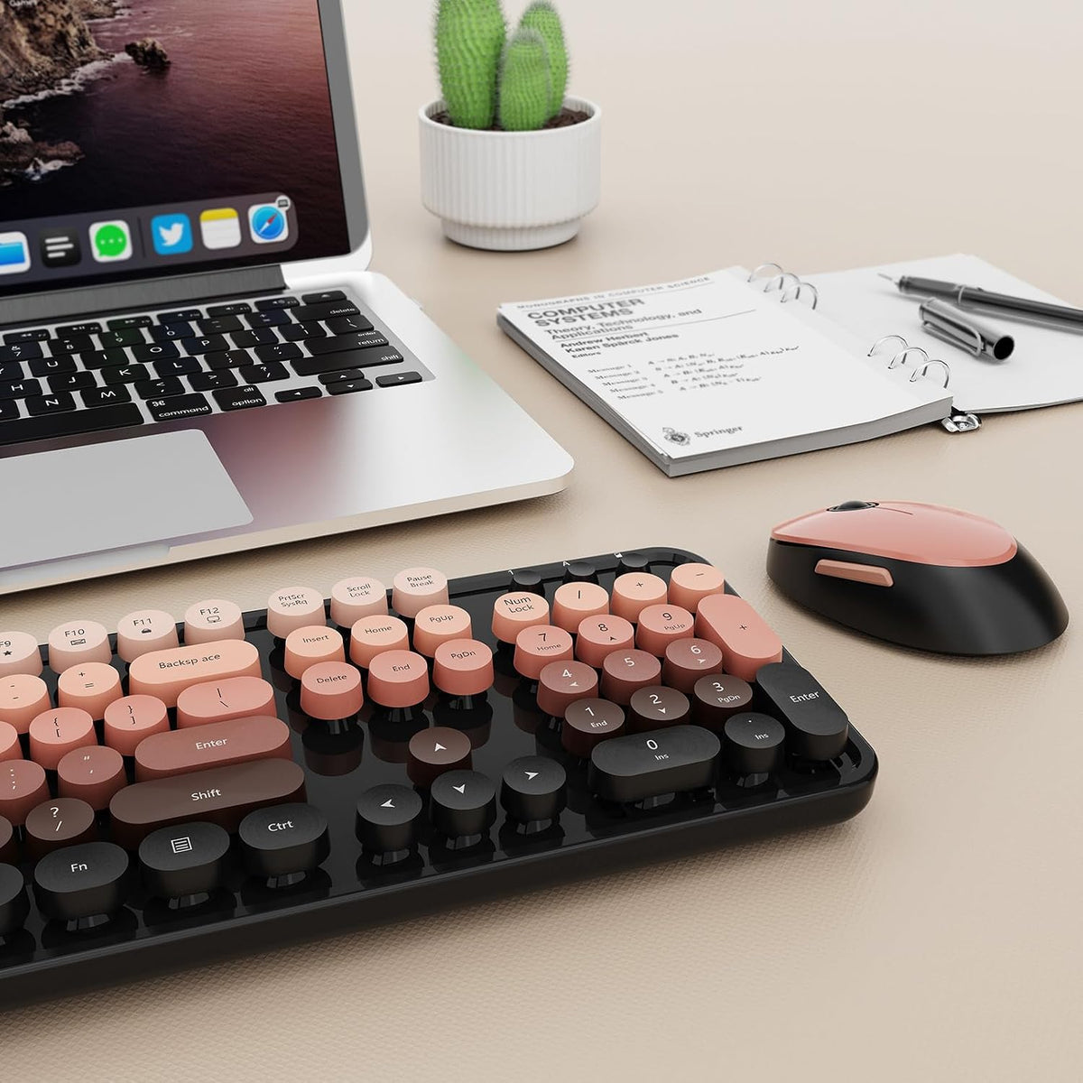 Nowlike Wireless Keyboard and Mouse Combo, Retro Typewriter Keyboard with Round Keycaps, Full-Size Ergonomic, Red, Ideal for Windows PC, Home, Office, and College, Wireless Keyboard Mouse Combo