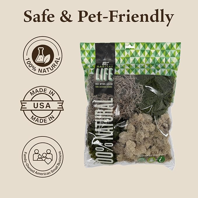 The Habitat Life - Natural Variety Pack - Mix of Reindeer, Mood, Sheet & Spanish Moss - for All Terrariums - Humidity Control - Breathable Bedding - Dye-Free & Safe - Medium - 1 Pack