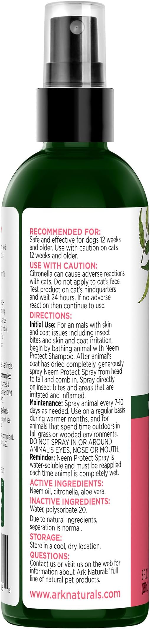 ARK NATURALS Neem Protect Spray, Relieves Itching and Irritation on Cats and Dogs, 8oz Spray Bottle,Whites & Tans