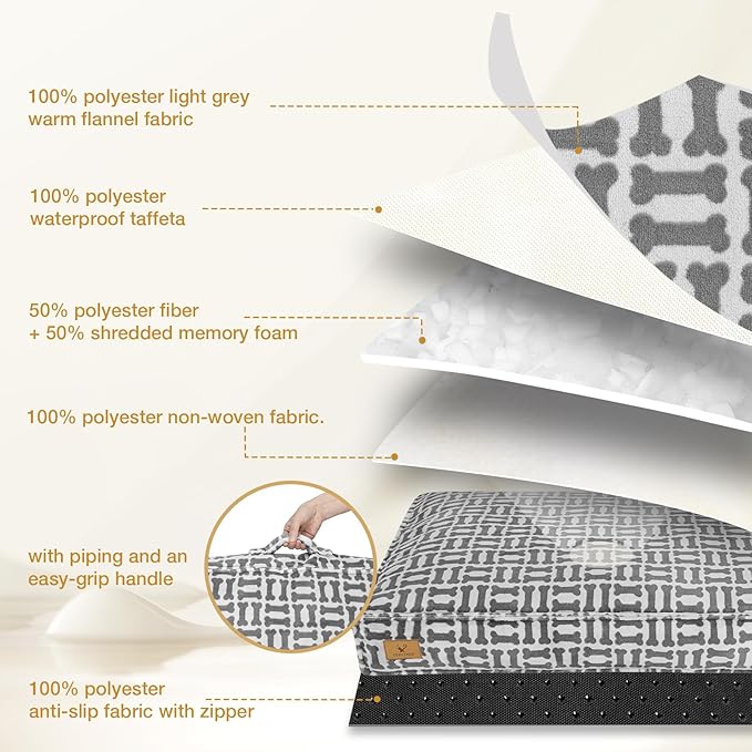 Dog Bed with Easy-Grip Handle - Shredded Memory Foam Pet Bed, Removable & Machine Washable Cover, Non-Slip Bottom, Choose from Cooling Linen or Warm Flannel Style for Dogs & Cats(Large