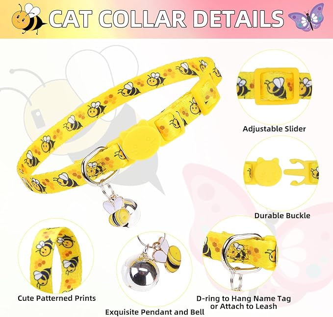 PUPTECK Breakaway Cute Cat Collar with Bell Charm, 2 Packs Adjustable Kitty Collars Animals Pattern, Pink&Yellow, 7.8-11.8 in