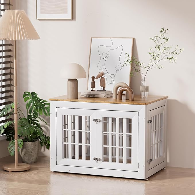 38" Heavy Duty Dog Crate Furniture for Small,Medium and Large Dogs,Rustic Wooden Dog Cage Kennel Indoor Furniture with Waterproof Top,Decorative Pet House Side End Table (White & Wood)