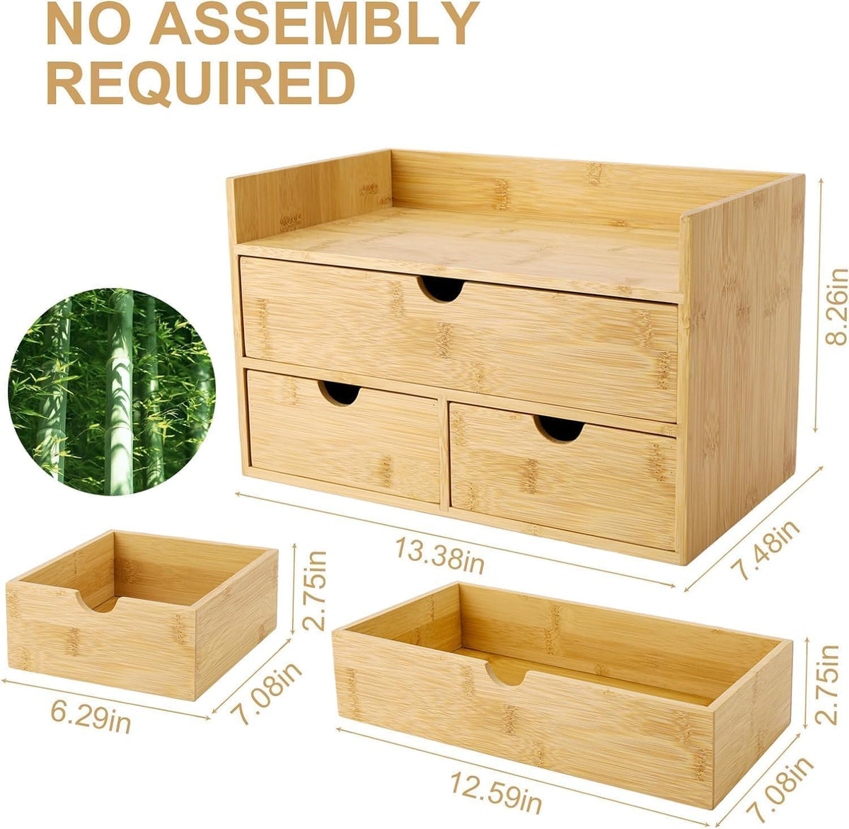 Charmewooden Bamboo Desk Organizer 3 Drawer with shelf, Countertop Organizer with Drawers Makeup Storage Drawer 3 Drawers Tabletop Storage Organization Box Home Office Workspace