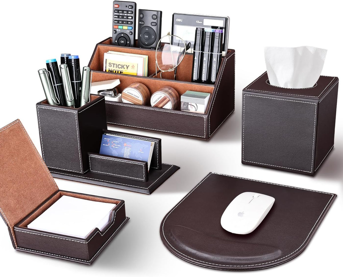 KINGFOM 5PCS Desk Organizer and Accessories Set, Pu Leather Office Supplies with Multifunction Desktop Organizer Storage Box, Tissue Holder, Mouse Pad, Note Paper Holder, Pencil Holder for Desk Brown