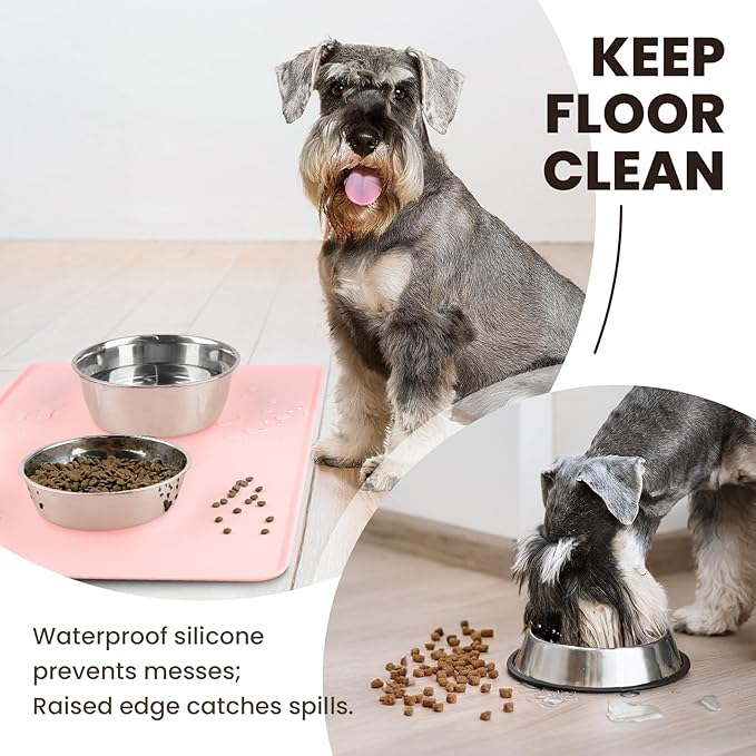 VIVAGLORY Dog Food Mat Flexmat Dog Bowl Mat, Placemat Food Tray with Raised Edges & Lip for Indoor Floor, Non Slip Waterproof Silicone Dish Placemat for Cat & Pet, L, Sakura Pink