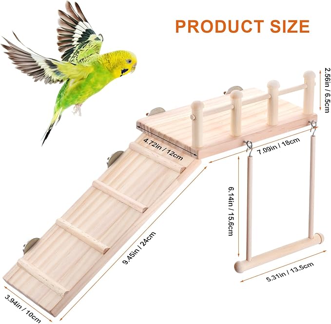 Wooden Bird Habitat Platform with Swing and Ladder - Sturdy Long Tailed Parrot cage Accessory, Suitable for Exercising and Entertaining Bird Games Gym - Perfect for Parrots, Canaries, Sparrows