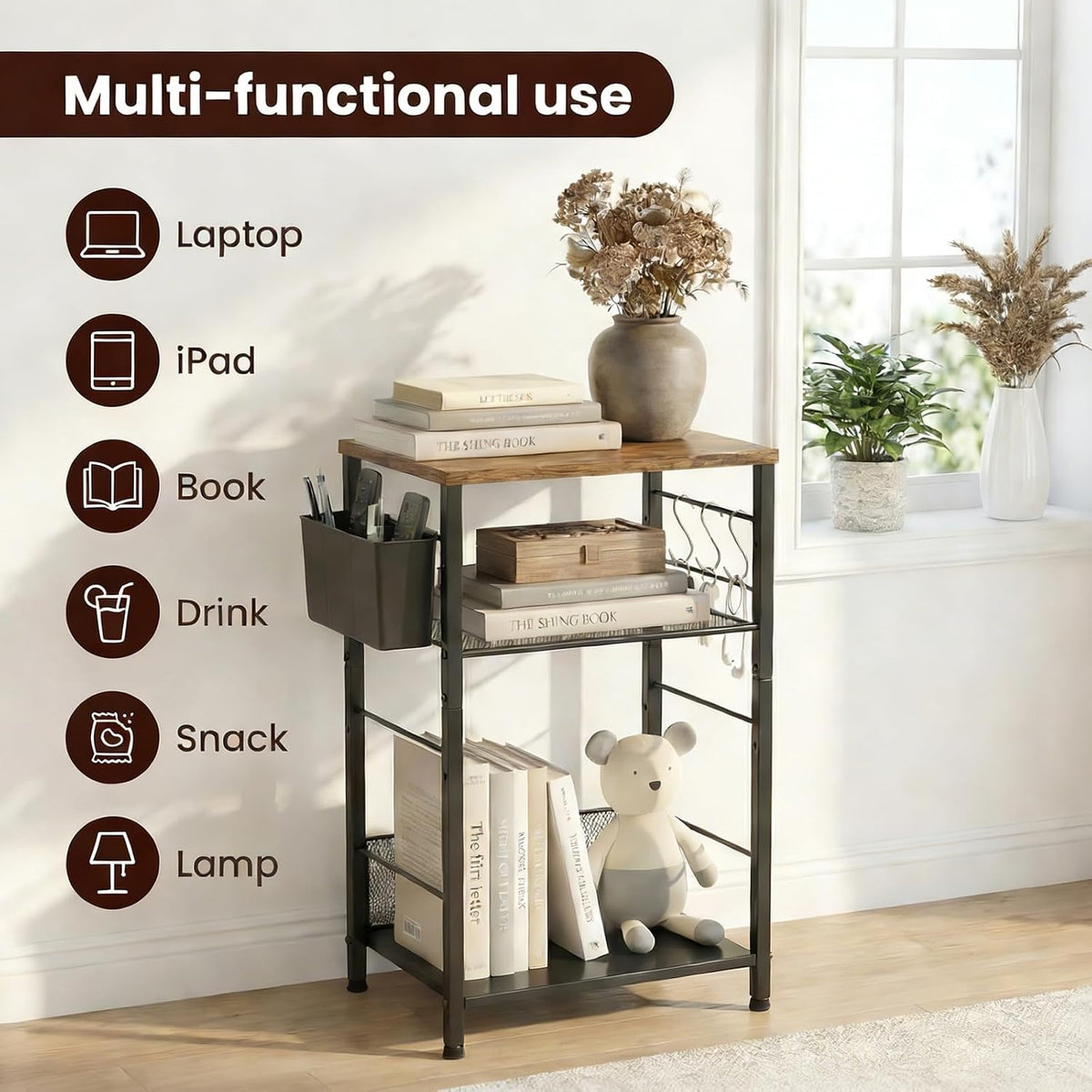 ECOLOVI Small 3 Tier Printer Stand for Under Desk, Height Adjustable Shelf Printer Table with 3 S-Hooks & Basket, Heavy Duty Industrial Storage Shelf for Home Office (Rustic Brown)