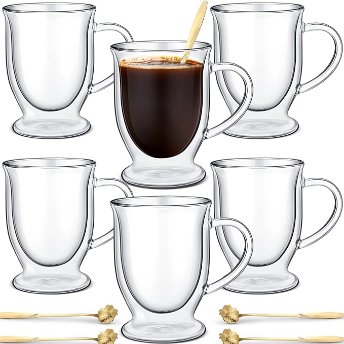 Gejoy 6 Sets Double Wall Glass Coffee Mugs