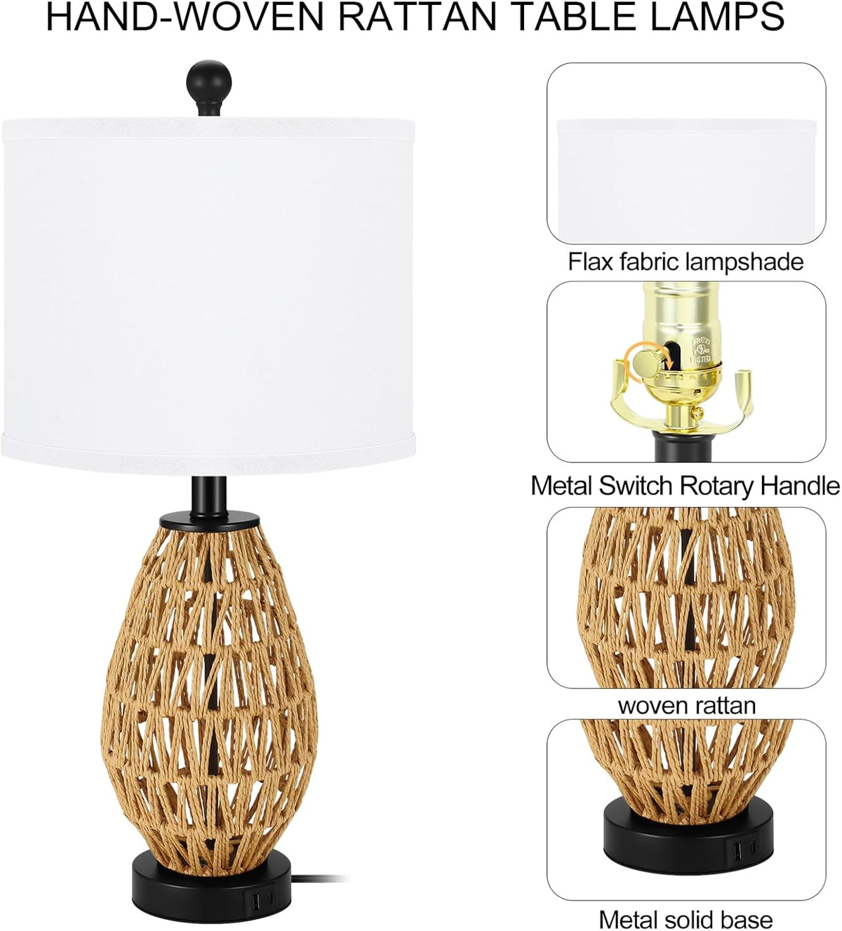 Coastal Table Lamps Set of 2, Retro Rattan Woven 24" Bedside Lamp, for Bedroom Living Room Home Nightstand Table Lamp(with USB C+A 5V 2.1A Charging Ports)