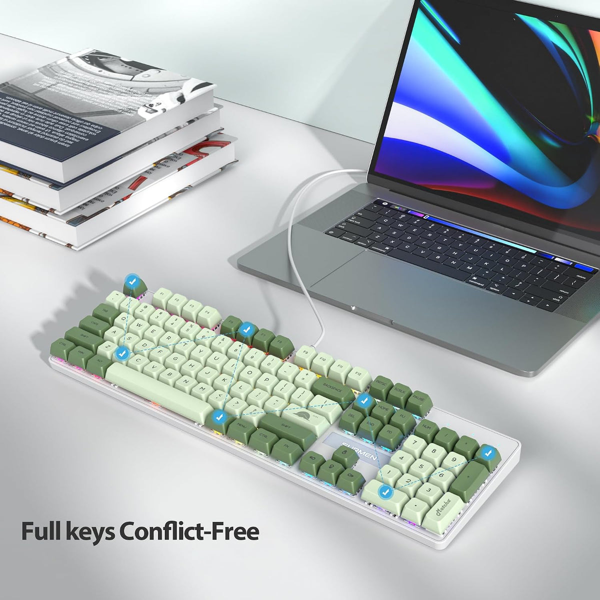 Fogruaden Mechanical Keyboard, Green Matcha, Wired USB 104 Key RGB Backlit Gaming Keyboard with Number Pad, Red Switches, NKRO for Windows Laptop PC Gamer