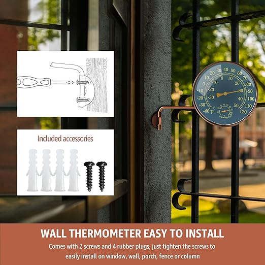 6-Inch Outdoor Thermometer and Humidity Gauge, Window Thermometer for Outside Temperature and Humidity Monitor, Brass Analog Dial, Battery-Free for Patio, Garage, Greenhouse, Garden, Wall
