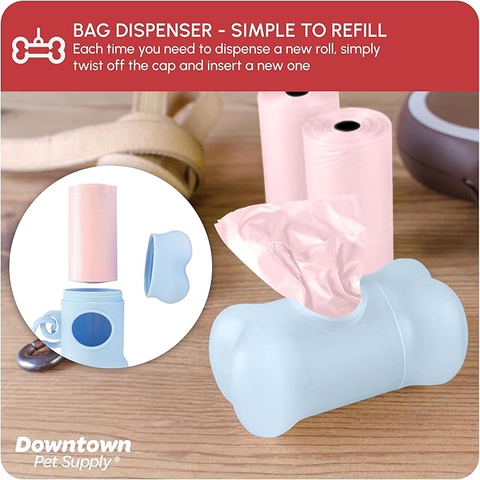 Downtown Pet Supply Unscented Poop Bags for Dogs with Dispenser, 500 Count - Leak-Proof Dog Waste Bags and Bone-Shaped Dog Poop Bags Holder for Leash - Pastel Rainbow, 12.5" x 8.5"