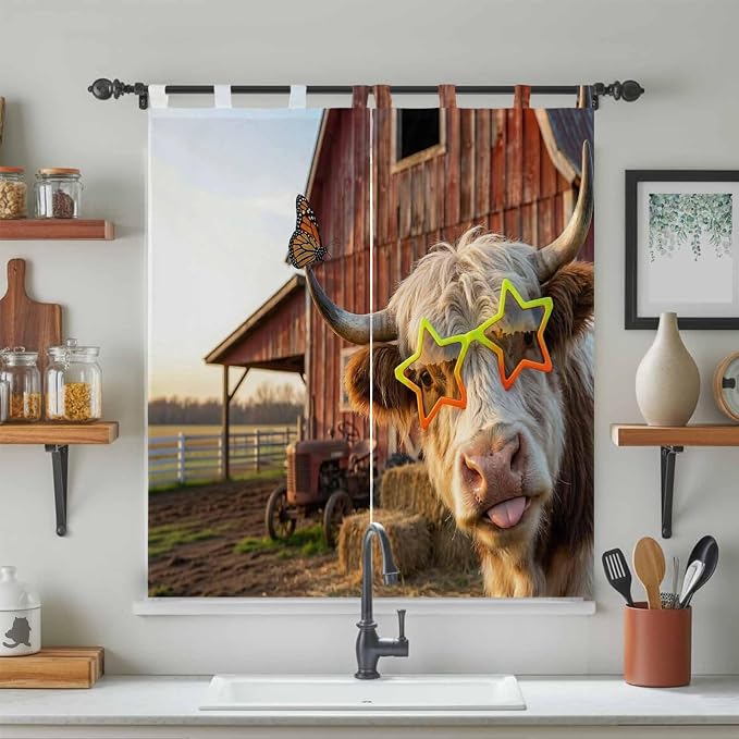 Farm Yaks Living Room Curtains 84 Inch Length, Window Curtains Tab Top