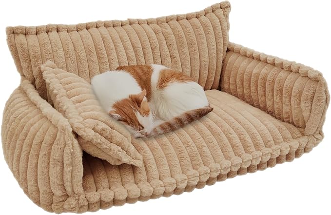 Pet Couch Calming Bed, Pet Couch with Removable Washable Cover, Plush Pets Sofa for Indoor Use, Supportive Orthopedic Dog Bed (Camel Color)