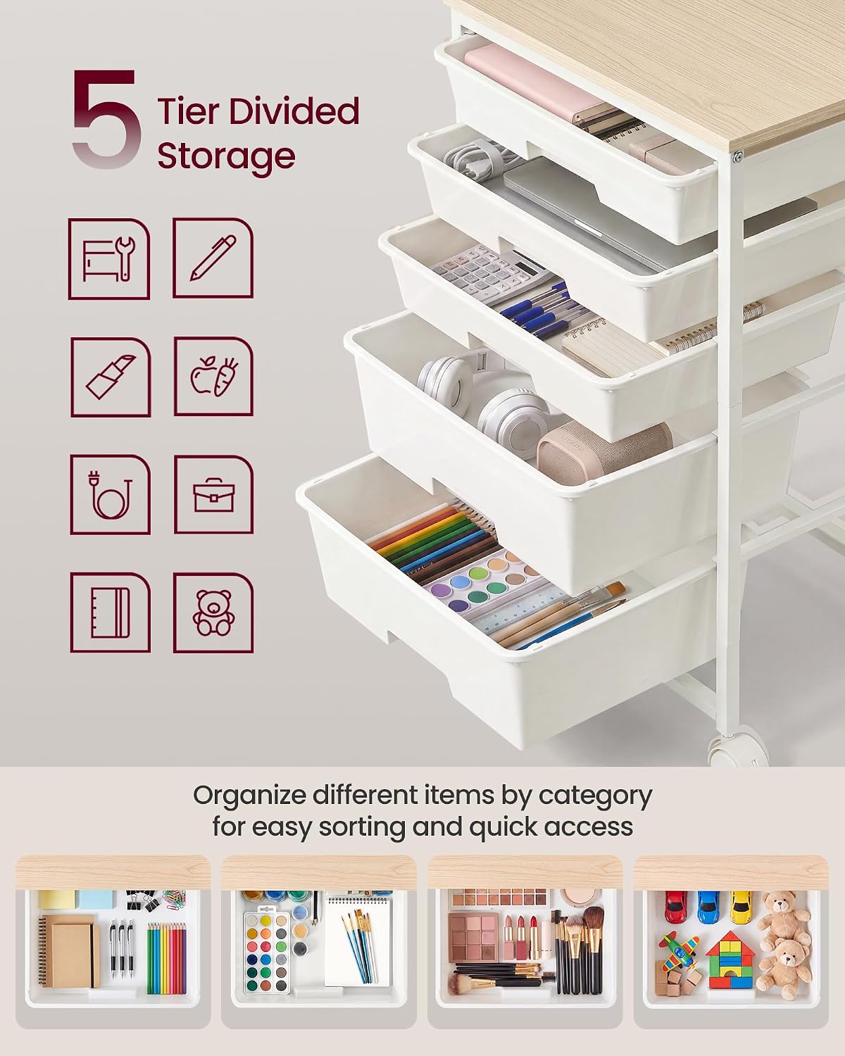VASAGLE Rolling Cart with Drawers,5 Drawers Storage Cart, White