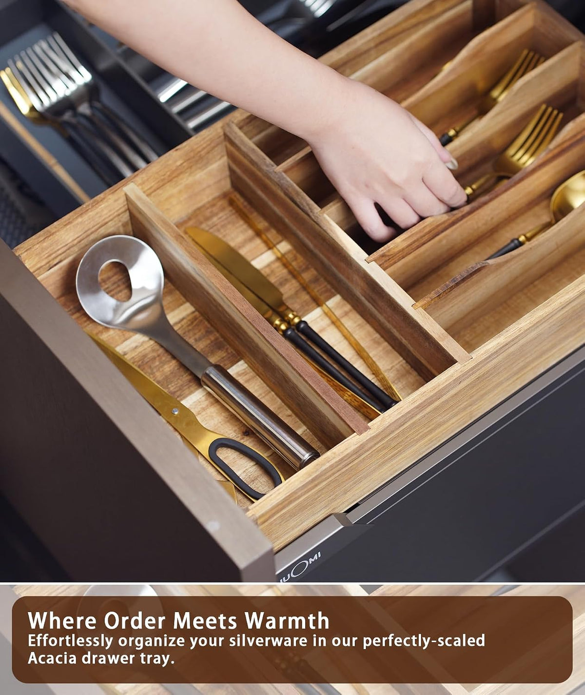 Silverware Drawer Organizer, Acacia Wood Tray for Cutlery & Flatware | 7-Compartment Utensil Holder for Forks & Spoons，17.5"×10.5"×2.7"