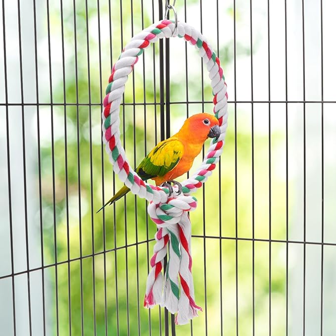 Bird Rope Swing Toy Parrot Climbing Perch Stand for Cockatiel Conure Cockatoo Parakeet Cage Hanging Decor (A: Round)