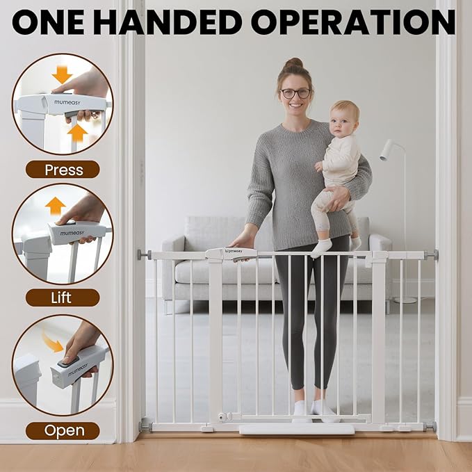 29.7-46" Extra Wide Baby Gate for Stairs, Pressure Mounted Dog Gate Indoor for Doorways, Auto Close Pet Gate with Walk Thru Door, Double Lock Child Safety Gate for Kids and Pet, No-Trip Design