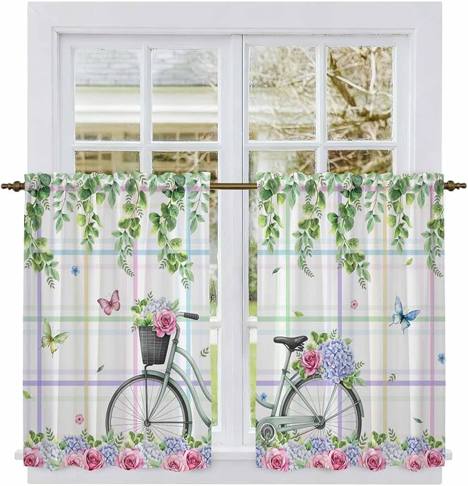 Spring Kitchen Curtains, Bicycles Botanical Leaves Rose Colorful Stripes Light
