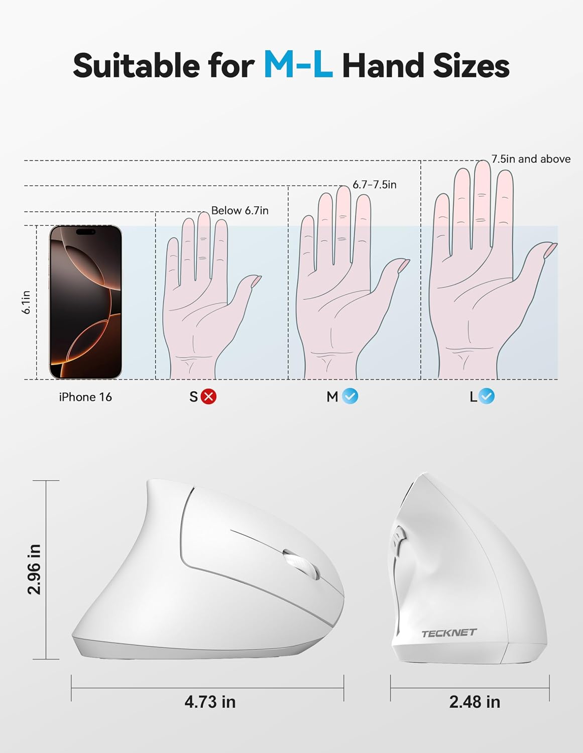 TECKNET Ergonomic Mouse Wireless, Rechargeable Vertical Mice Right Hand