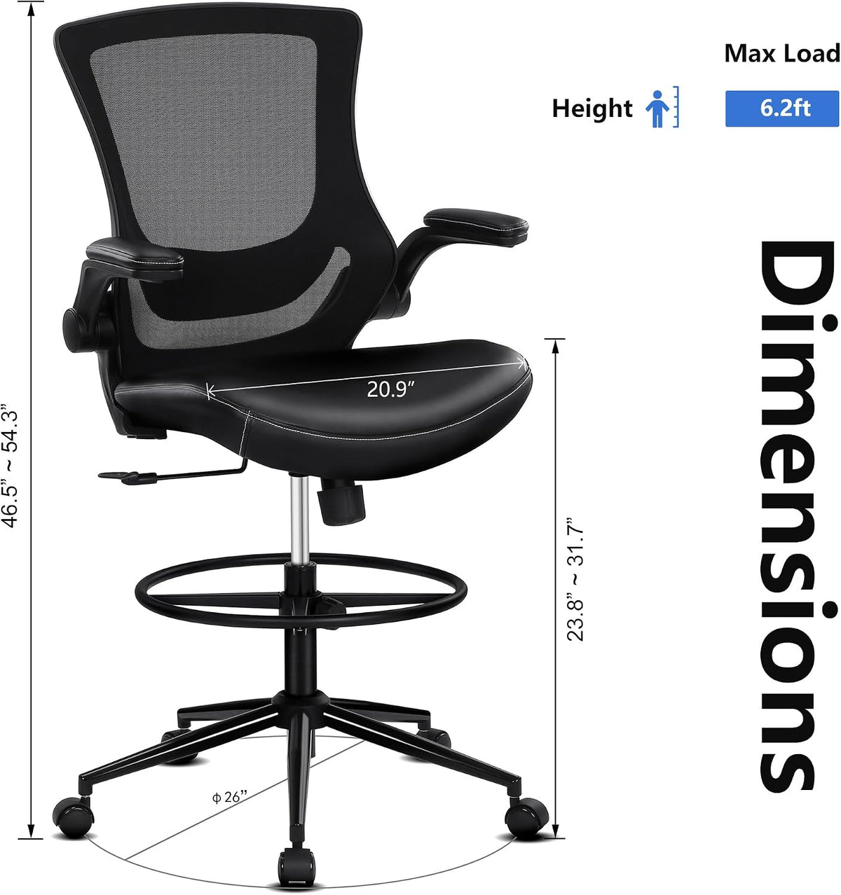 Misolant Tall Office Chair for Standing Desk, Drafting Chair with Footrest Ring, PU Leather Recline High Office Tall Desk Chair with Adjustable Lumbar Support