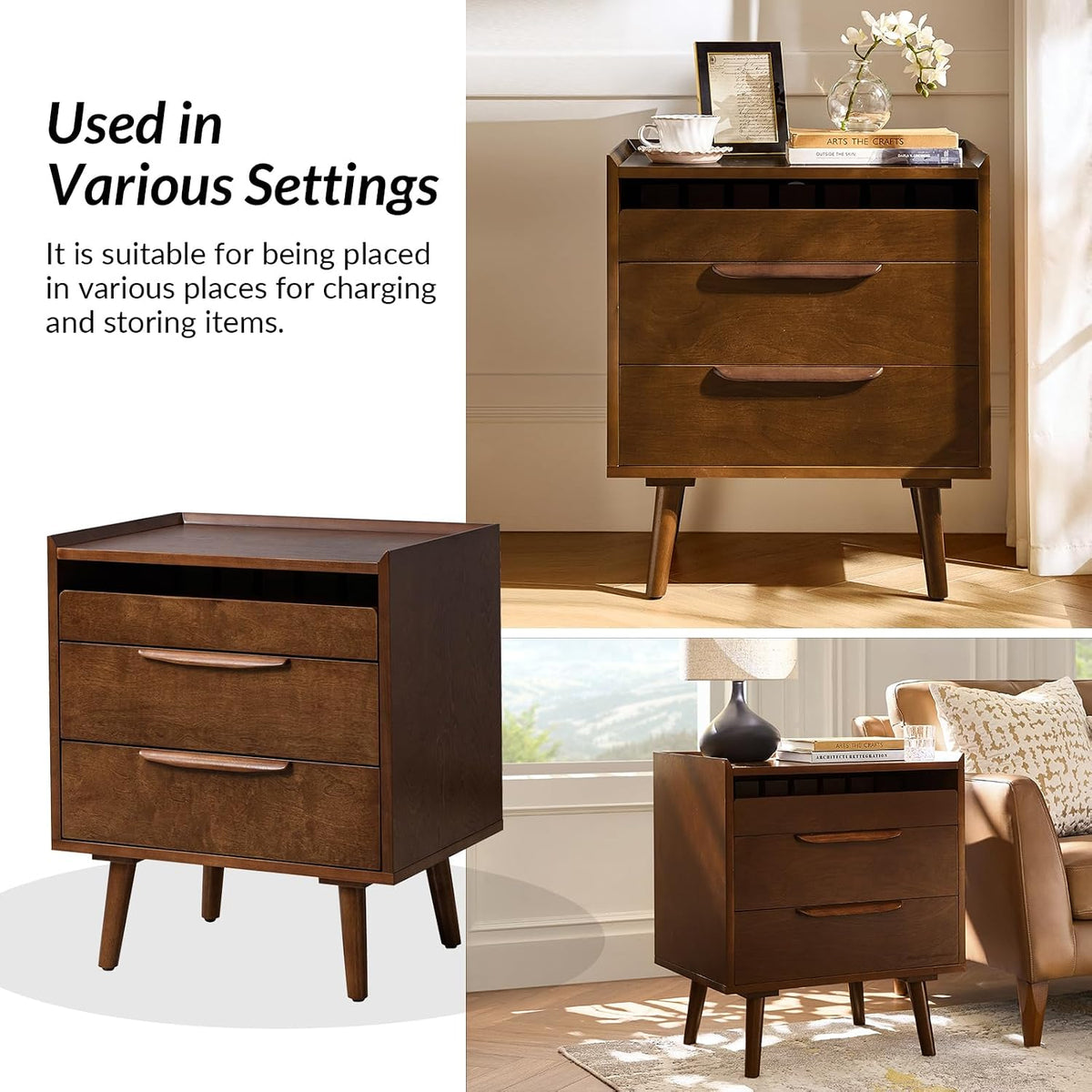 HULALA HOME 2-Drawer End Table with Charge Station, Walnut