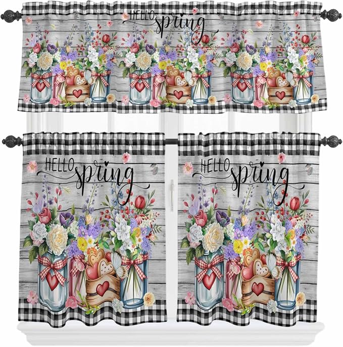 Spring Flowers Kitchen Curtain Set, Farmhouse Black Plaid Wood Grain Window