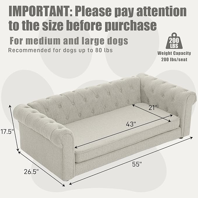Dog Sofa Couch for Medium and Large Dogs, Memory Foam Dog Sofa Couch with Washable Fabric, Durable Elevated Pet Bed with Legs, Removable Cushion for Medium to Large Dogs, Beige